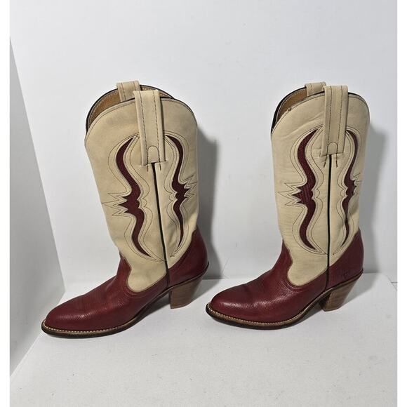 Vintage FRYE Tan Red Leather Bench Crafted Cowgirl Western Ladies Boots Sz 6B - Picture 4 of 16